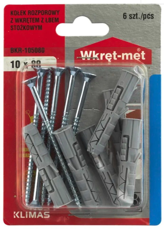 Kołki rozporowe 10 x 50mm z wkrętem z łbem stożkowym 5,0 x 80mm Blister 6szt.